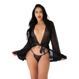 Lenjerie Sexy Kimono Seducator cu Maneci Clopot si Chilot Asortat - Plasa Transparenta Neagra si Curea Satinata