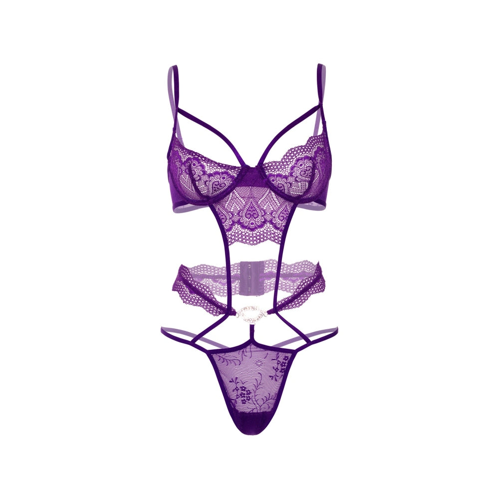 Lenjerie Sexy Body Seducator Strappy cu Dantela si Bijuterie - Design Elegant si Provocator, Mov