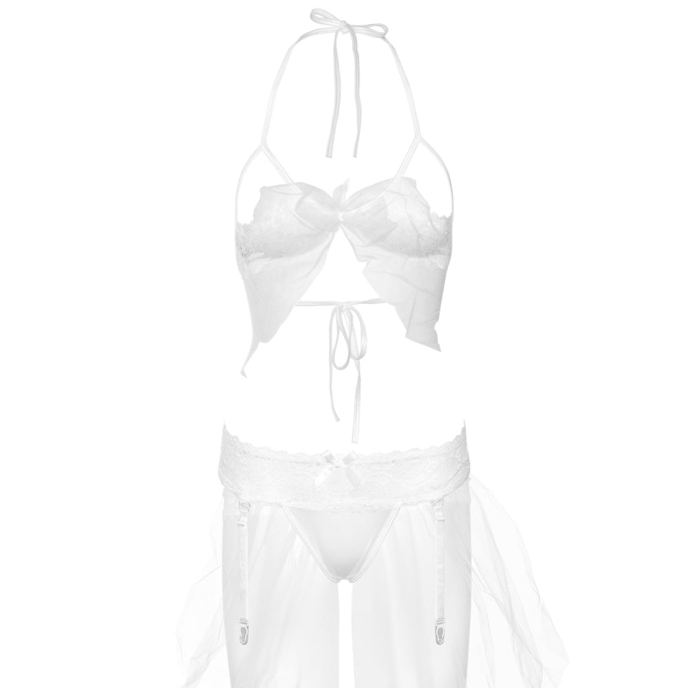 Set Lenjerie Alba 3 Piese - sutien din dantela cu cupe semi-deschise, chiloti cu sistem de prindere pentru jartiere - ideal pentru a sarbatori nunta cu o nota romantica