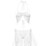 Set Lenjerie Alba 3 Piese - sutien din dantela cu cupe semi-deschise, chiloti cu sistem de prindere pentru jartiere - ideal pentru a sarbatori nunta cu o nota romantica
