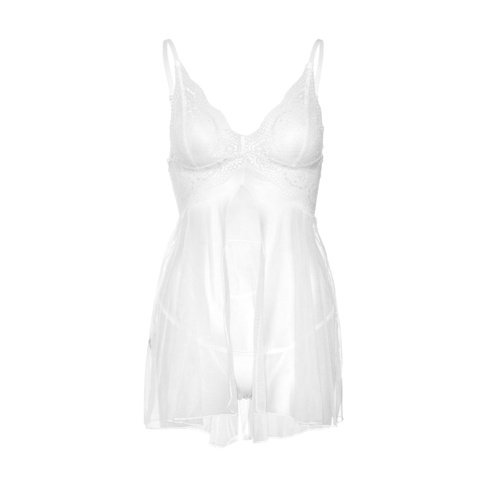 Set Babydoll Alb cu Chiloti Tanga - design atragator si feminin, cupe din dantela si deschidere frontala - bretele subtiri si reglabile