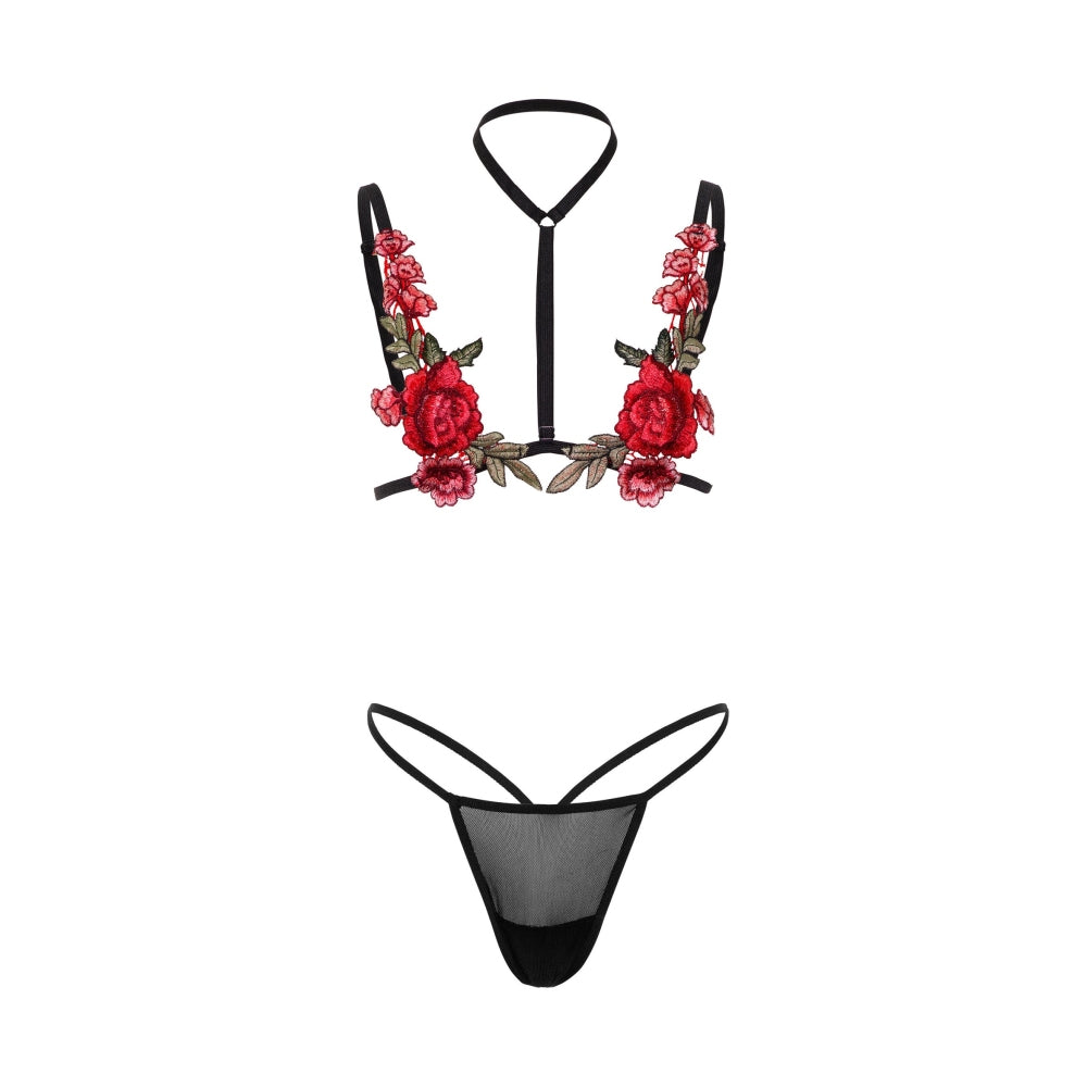 Set Lenjerie 2 Piese Negru cu Trandafiri - Sutien cu bretele ajustabile si aplicatii florale, chiloti tanga asortati - ideal pentru nopti seducatoare