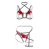 Set Lenjerie 2 Piese cu design Floral - Sutien cu cupe deschise si applique de trandafiri, chiloti crotchless asortati cu ham pe coapsa - ideal pentru nopti seducatoare