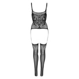 Body Negru cu Portjartiere  Open-Crotch - design din plasa cu bretele subtiri si model impletit, potrivit pentru orice tip de corp - ideal pentru nopti seducatoare