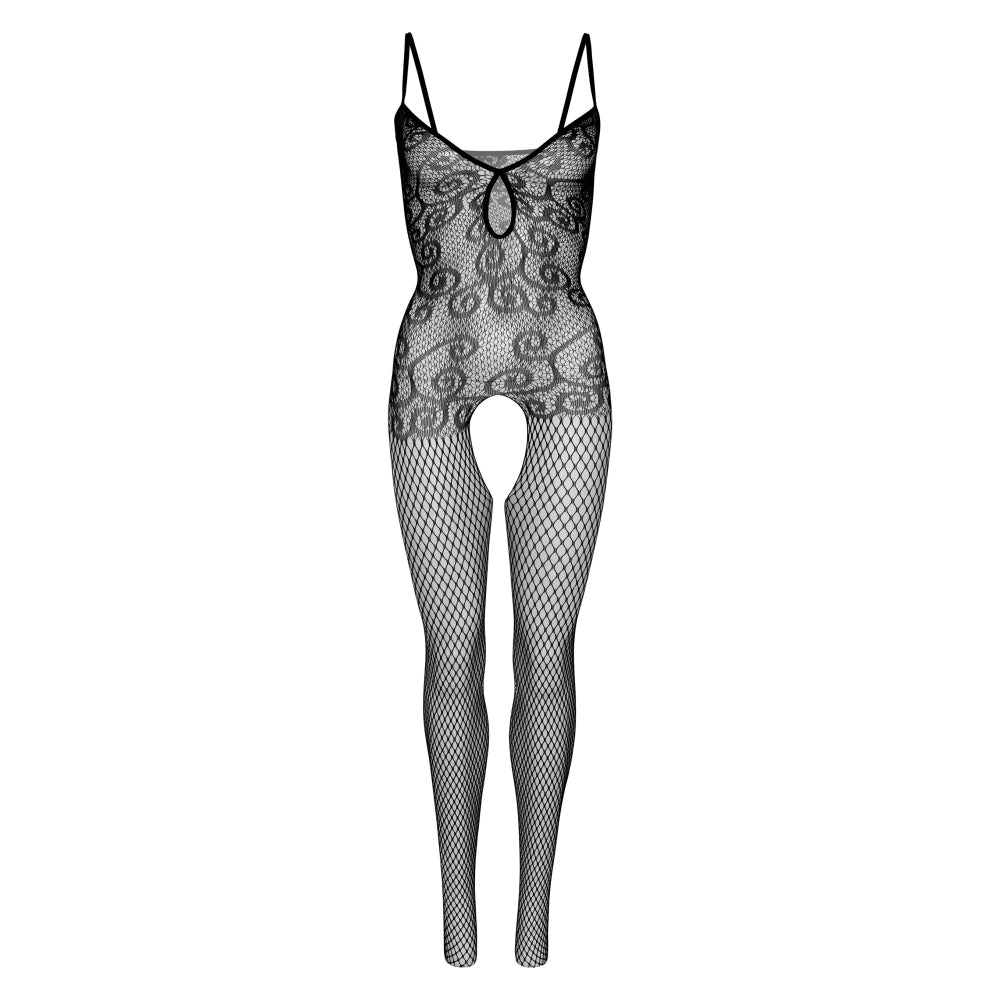 Bodystocking Open-Crotch Daring Intimates O/S - fabricat din plasa neagra cu decupaj frontal si bretele subtiri, potrivit pentru orice tip de corp - ideal pentru nopti senzuale