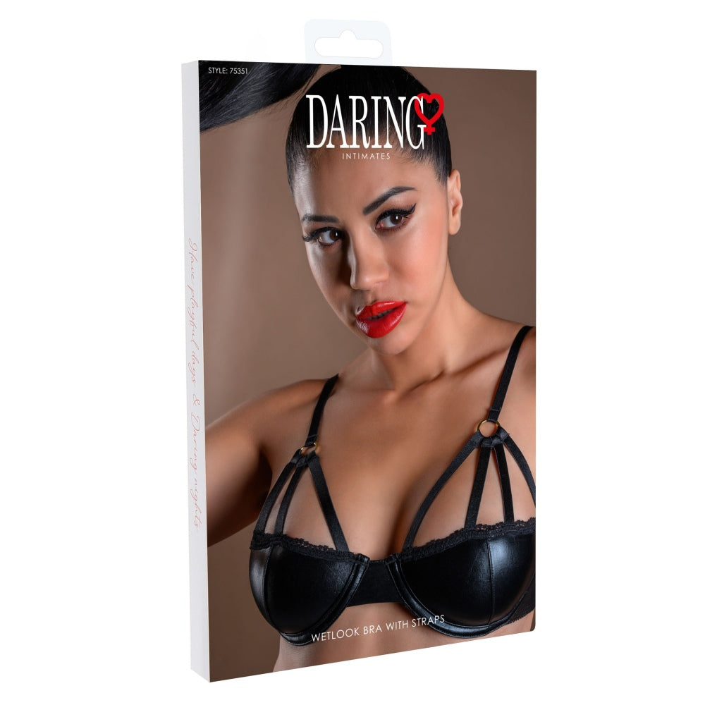 Sutien Negru Wet-Look cu Bretele Ajustabile - design provocator in stil balconette cu sarme de suport - finisaj lucios si sofisticat