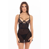 Set Lenjerie Sexy 2 Piese - Chemise Transparent cu Chilot Tanga, Dantela Florala si Bretele Reglabile - Negru