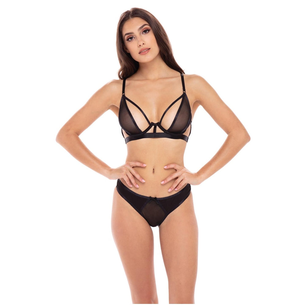 Set Lenjerie Sexy 2 Piese New in Town – Sutien cu Bretele Incrucisate si Chilot String Transparent din Nailon si Spandex, Negru