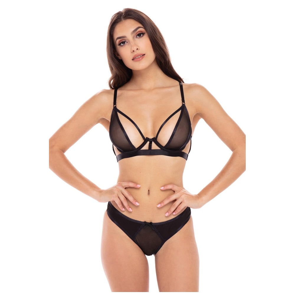 Set Lenjerie Sexy 2 Piese New in Town – Sutien cu Bretele Incrucisate si Chilot String Transparent din Nailon si Spandex, Negru