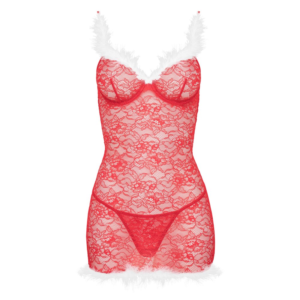 Costum Lenjerie Sexy Craciunita - Babydoll Rosu cu detalii albe - Dantela si tanga asortat - Ideal pentru momente festive in cuplu