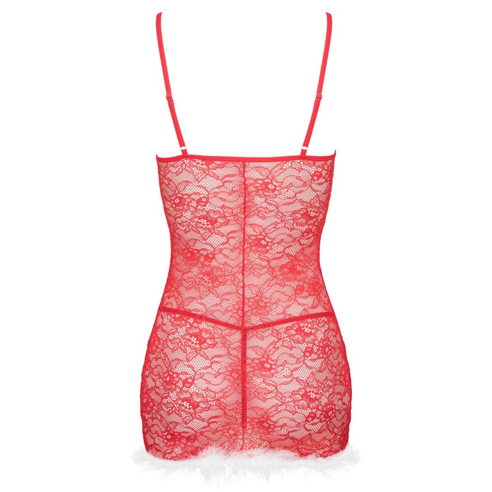 Costum Lenjerie Sexy Craciunita - Babydoll Rosu cu detalii albe - Dantela si tanga asortat - Ideal pentru momente festive in cuplu
