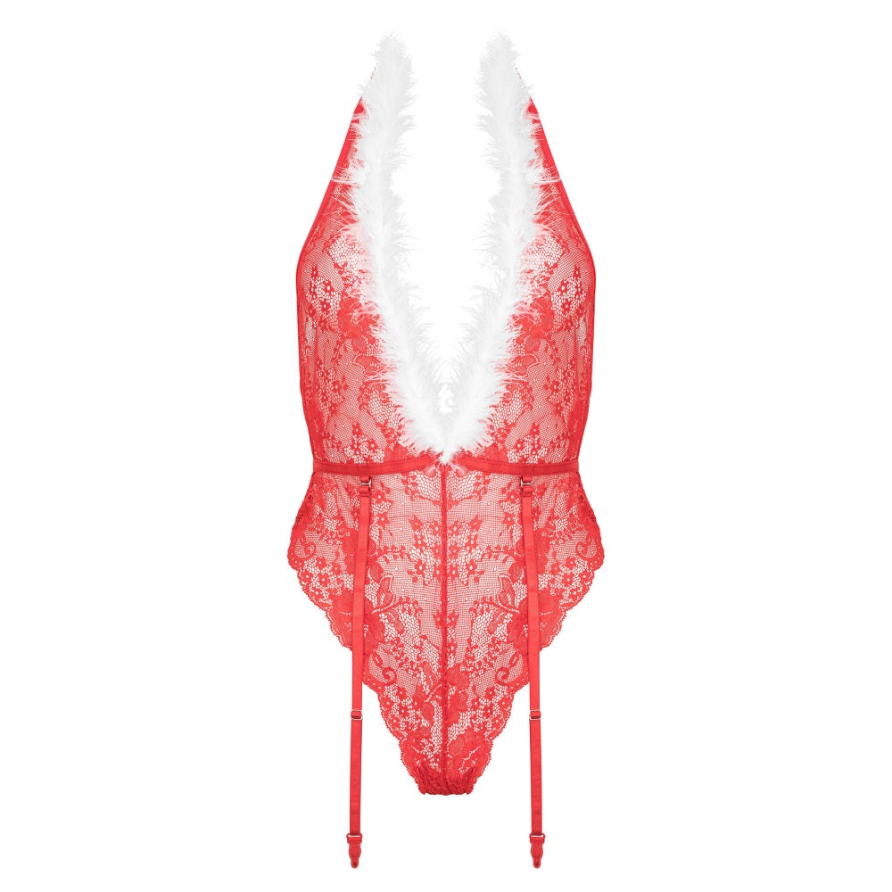 Body Sexy Craciunita Kotek Kristinella - Body Rosu cu detalii albe - Dantela si sistem de prindere pentru jartiere - Ideal pentru momente festive in cuplu