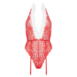 Body Sexy Craciunita Kotek Kristinella - Body Rosu cu detalii albe - Dantela si sistem de prindere pentru jartiere - Ideal pentru momente festive in cuplu