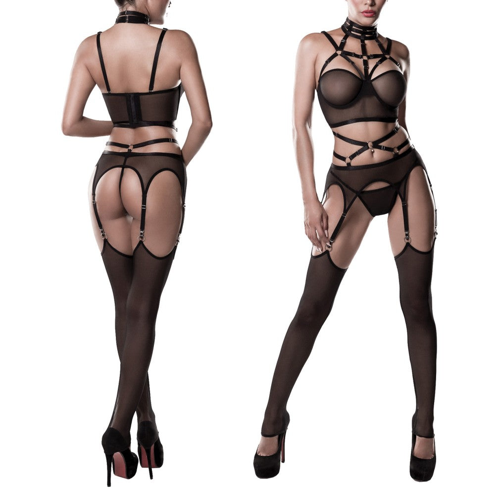 Set Lenjerie Harness 4 Piese S - sutien din plasa tip corset, tanga transparent din plasa, portjartiere cu dresuri - sexy si provocator pentru ocazii speciale, negru
