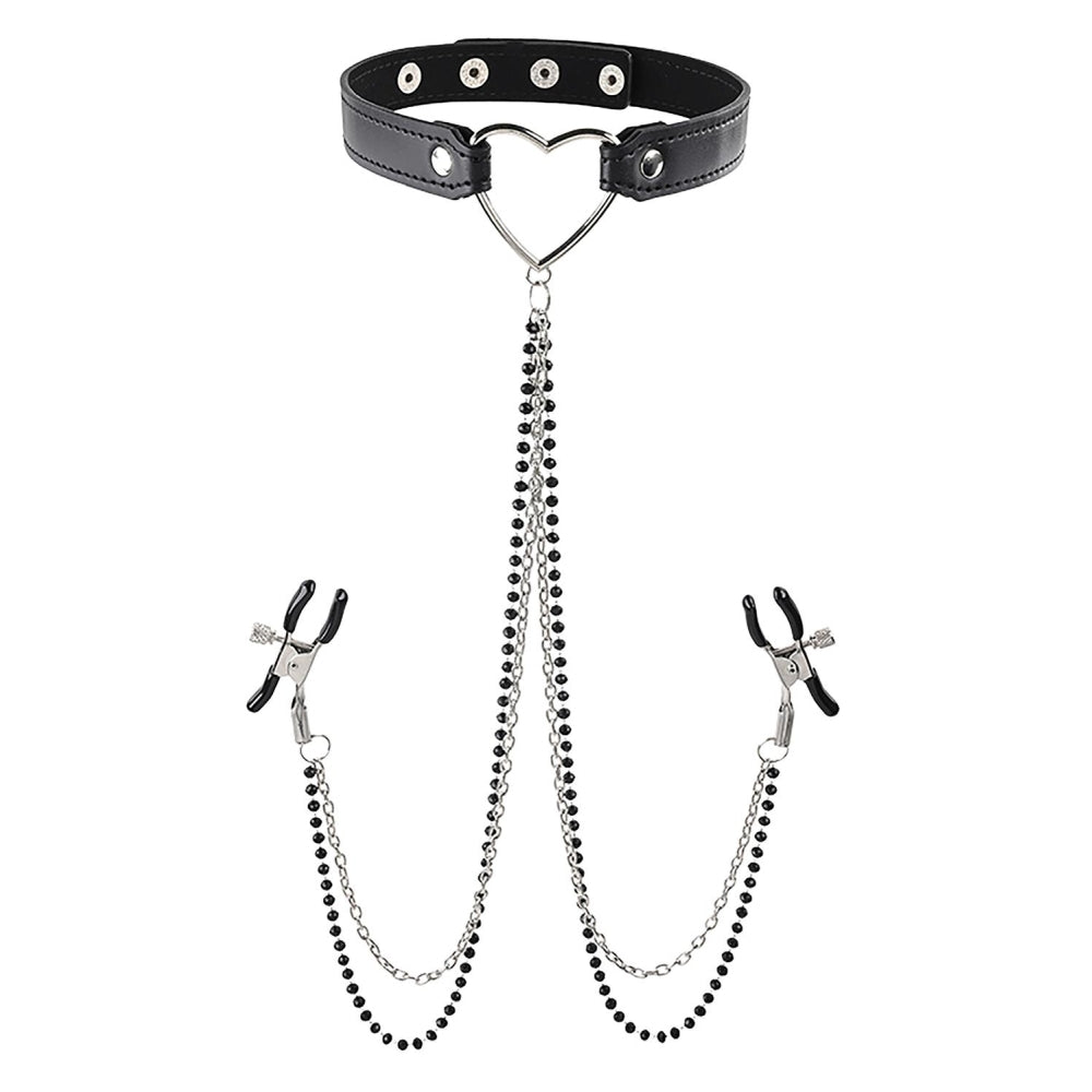 Cleme BDSM Fetis pentru sfarcuri ajustabile Amor cu colier in forma de inima si lanturi decorative