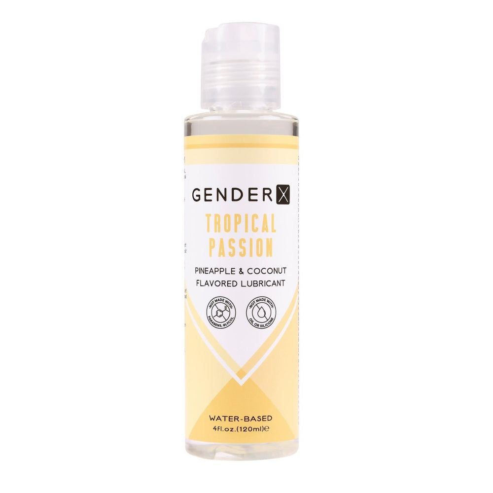 Lubrifiant comestibil pe baza de apa Gender X Tropical Passion, cu gust de ananas si cocos, fara glicol sau parabeni, fara ulei sau silicon, 120 ml
