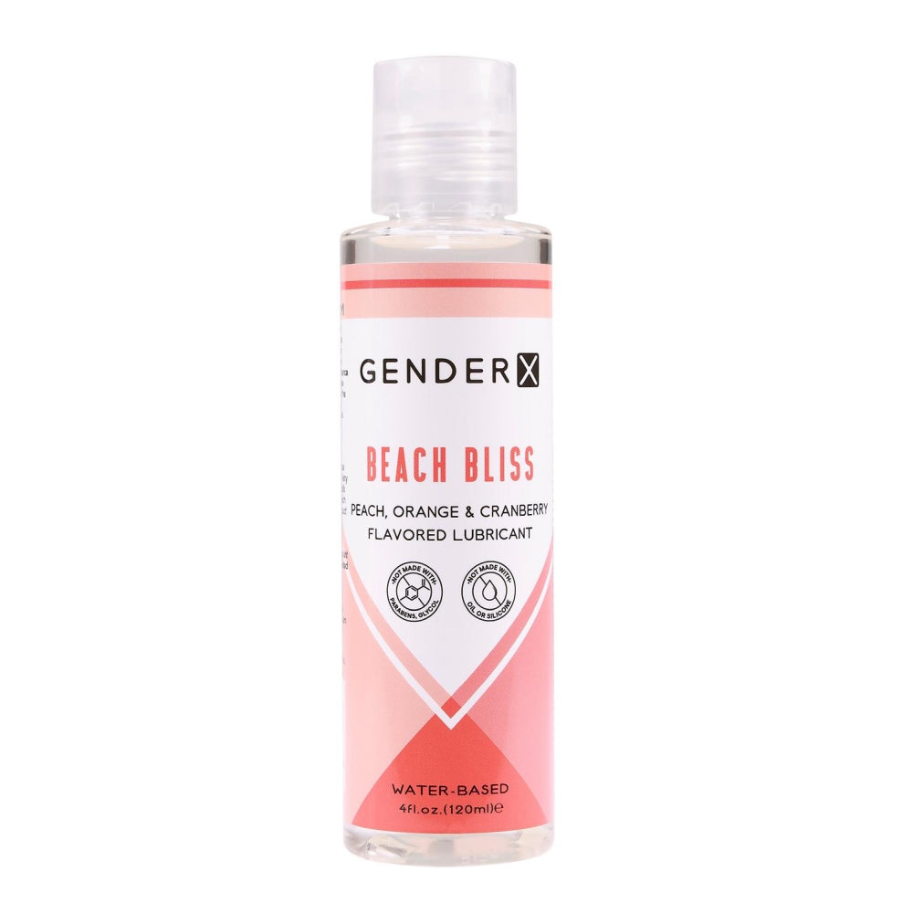 Lubrifiant comestibil pe baza de apa Gender X Beach Bliss, cu gust de piersica, portocala & merisoare, fara glicol sau parabeni, fara ulei sau silicon, 120 ml