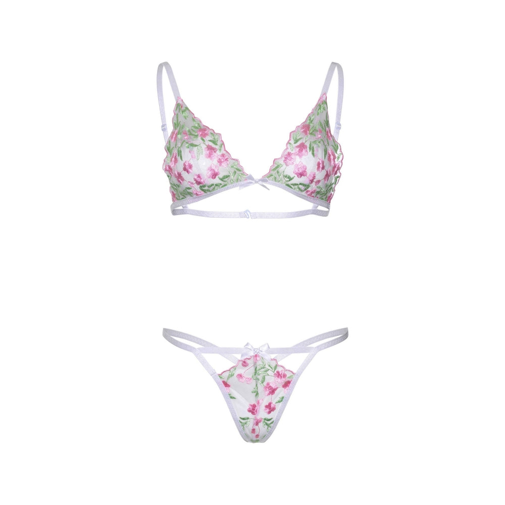 Set Lenjerie Alb 2 Piese cu Design Floral - sutien bralette cu applique florale, chiloti g-string asortati cu fundita