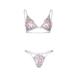 Set Lenjerie Alb 2 Piese cu Design Floral - sutien bralette cu applique florale, chiloti g-string asortati cu fundita