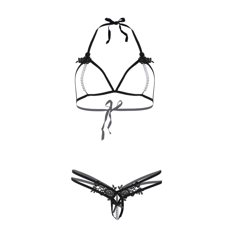 Set Lenjerie 2 Piese Negru cu Perle Albe - sutien cu cupa deschisa si sirag de perle, chiloti open crotch cu sirag de perle