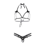 Set Lenjerie 2 Piese Negru cu Perle Albe - sutien cu cupa deschisa si sirag de perle, chiloti open crotch cu sirag de perle