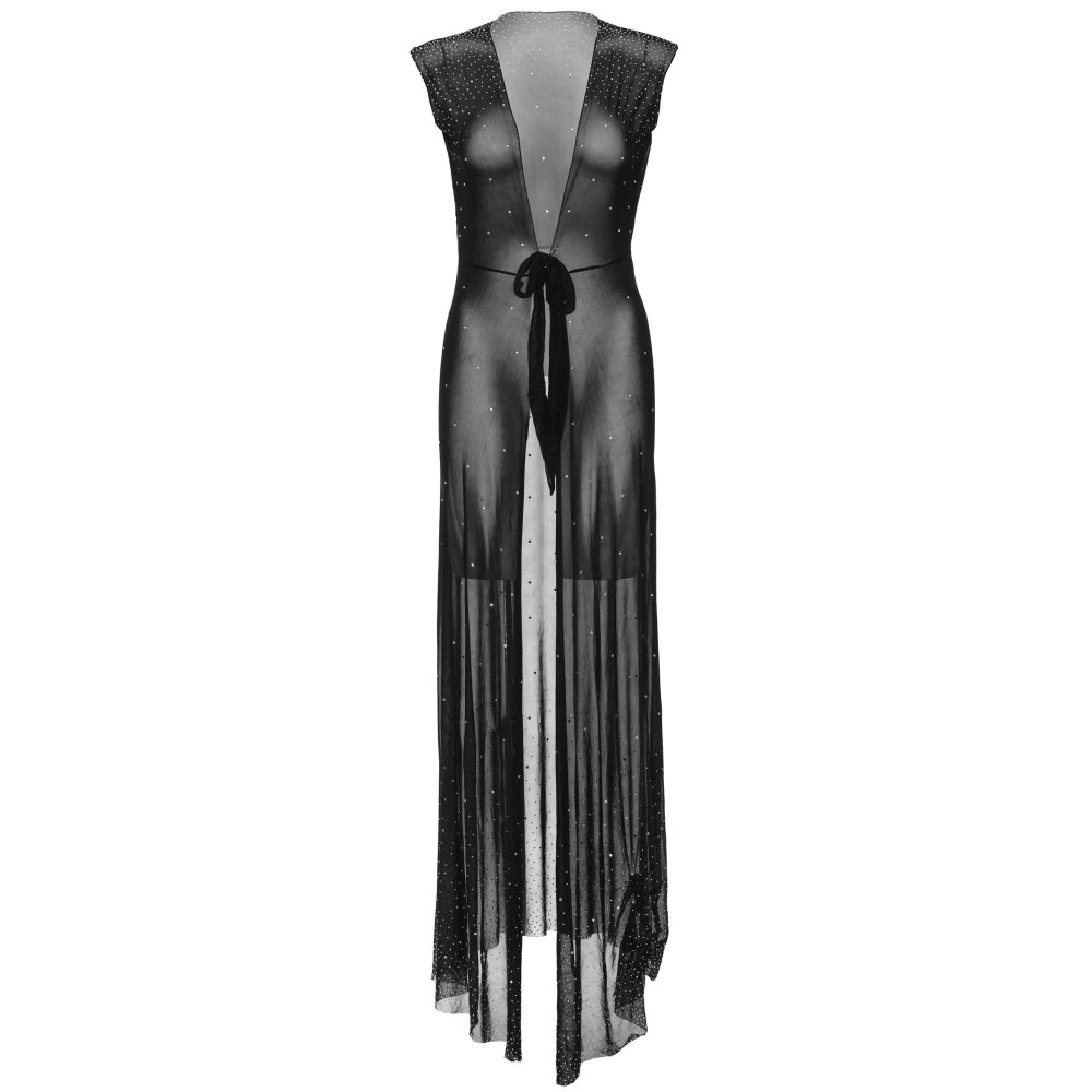 Lenjerie Sexy Rochie Lunga Neagra Transparenta cu Strasuri Leg Avenue - Decolteu in V si Croiala Inalta pe Picior, One Size