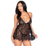 Set Babydoll cu Chiloti Tanga Negru din Dantela Florala - bretele reglabile incrucisate pentru confort - ideal pentru nopti senzuale