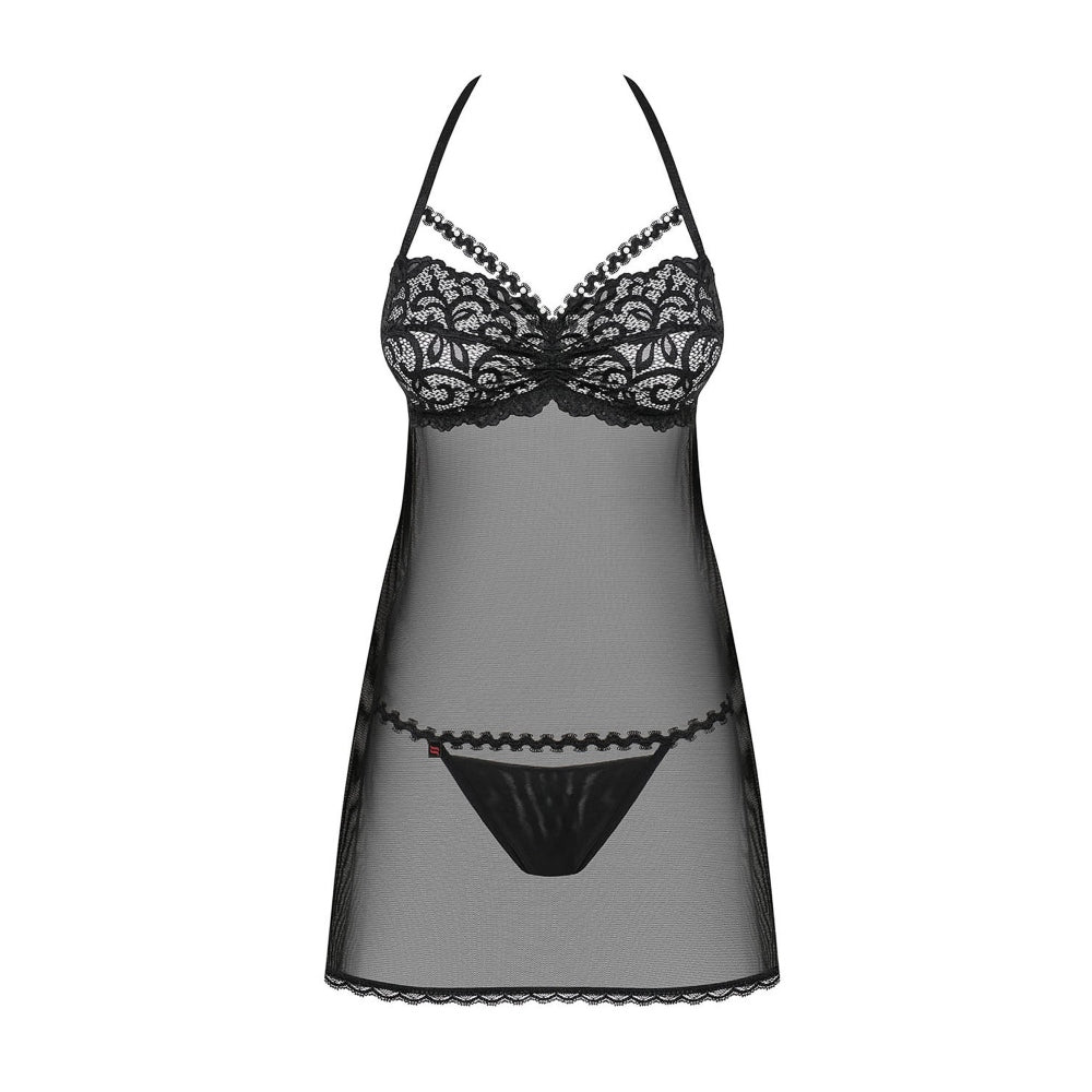 Lenjerie Sexy Babydoll Obsessive Joylace, Negru, Bust cu Dantela si spate decupat, Chiloti tanga asortati