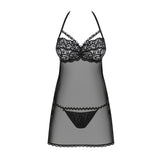 Lenjerie Sexy Babydoll Obsessive Joylace, Negru, Bust cu Dantela si spate decupat, Chiloti tanga asortati