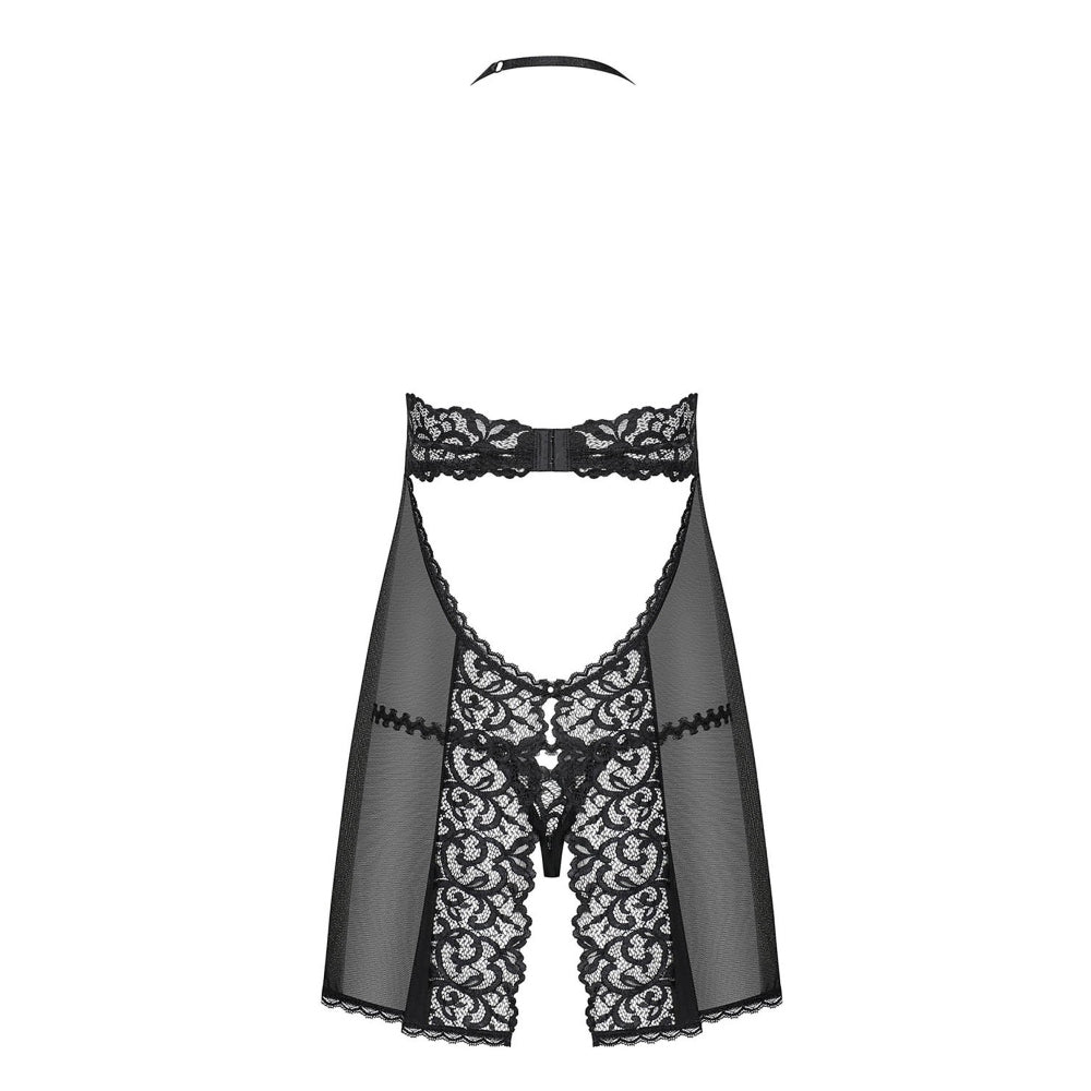 Lenjerie Sexy Babydoll Obsessive Joylace, Negru, Bust cu Dantela si spate decupat, Chiloti tanga asortati
