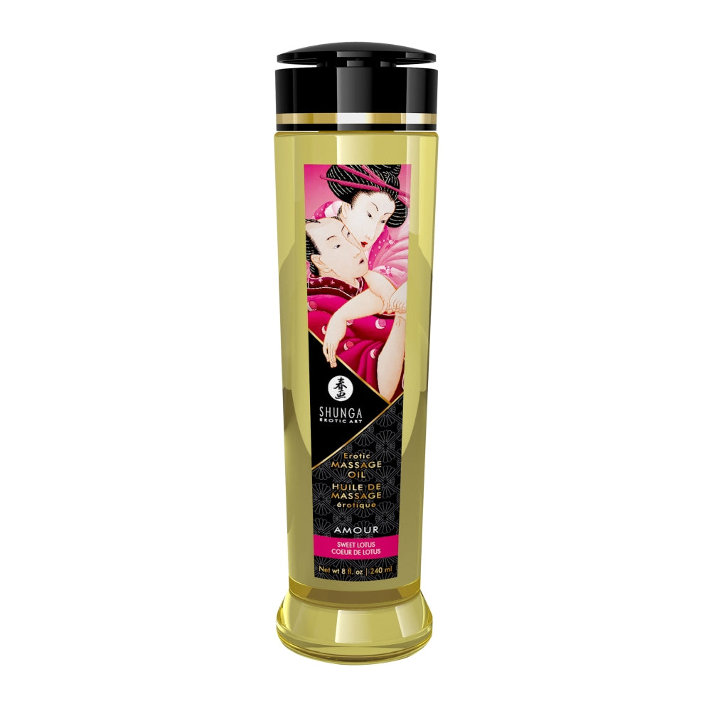 Ulei Masaj Erotic Natural Shunga, 100% Uleiuri Presate la Rece, Aromaterapie, Vitamina E, Fara Reziduuri Grase, Aroma de Lotus Dulce, 240 ml
