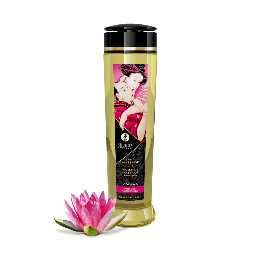 Ulei Masaj Erotic Natural Shunga, 100% Uleiuri Presate la Rece, Aromaterapie, Vitamina E, Fara Reziduuri Grase, Aroma de Lotus Dulce, 240 ml