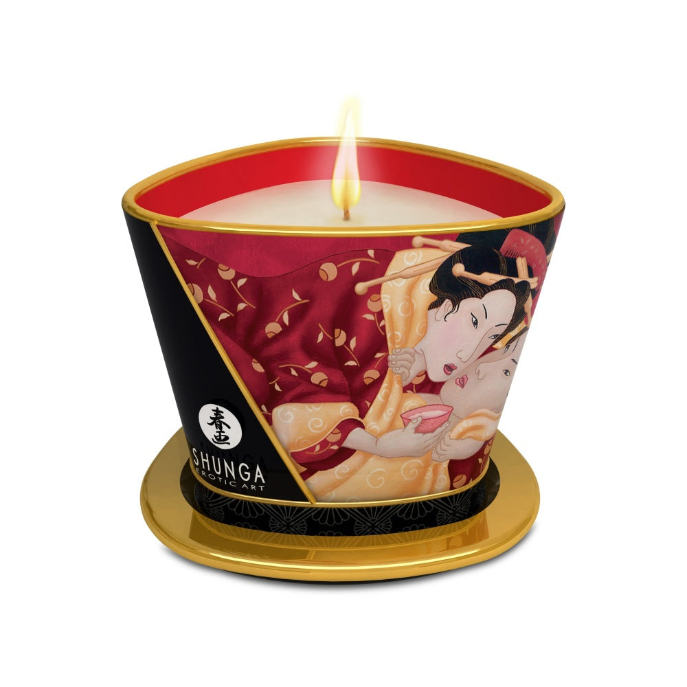 Lumanare de Masaj Shunga 170 ml - aroma afrodisiaca de capsuni si vin spumant - ceara topita se transforma in ulei cald de masaj - timp de ardere de pana la 40 de ore