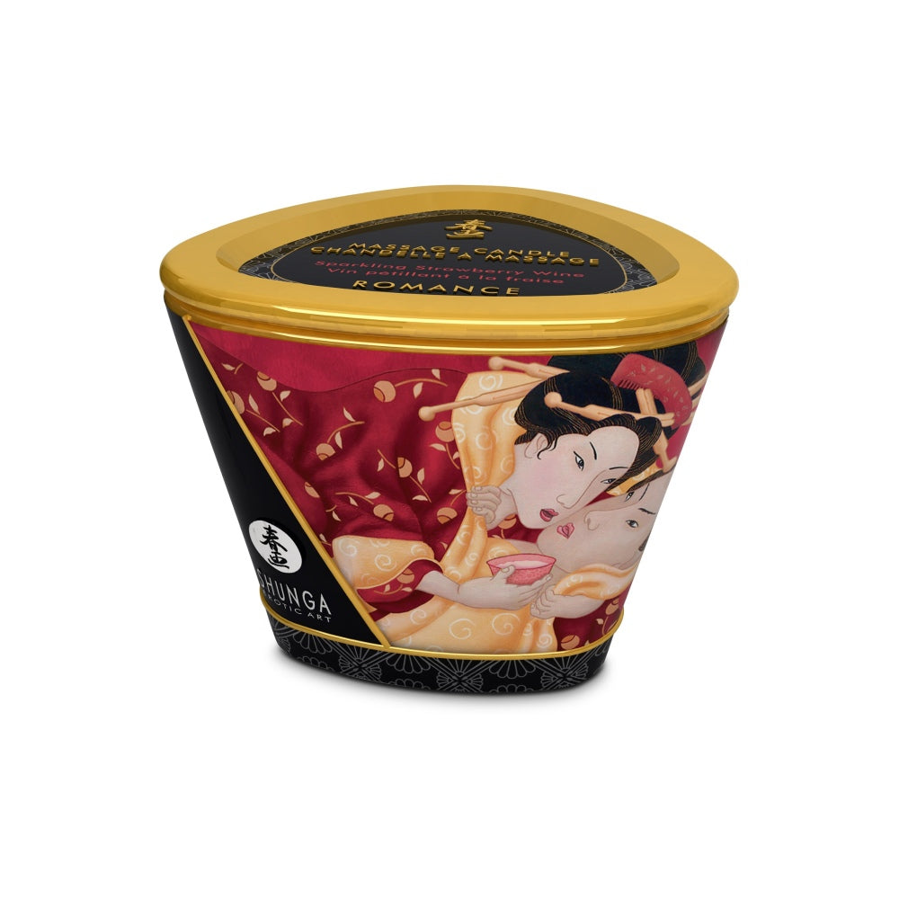 Lumanare de Masaj Shunga 170 ml - aroma afrodisiaca de capsuni si vin spumant - ceara topita se transforma in ulei cald de masaj - timp de ardere de pana la 40 de ore