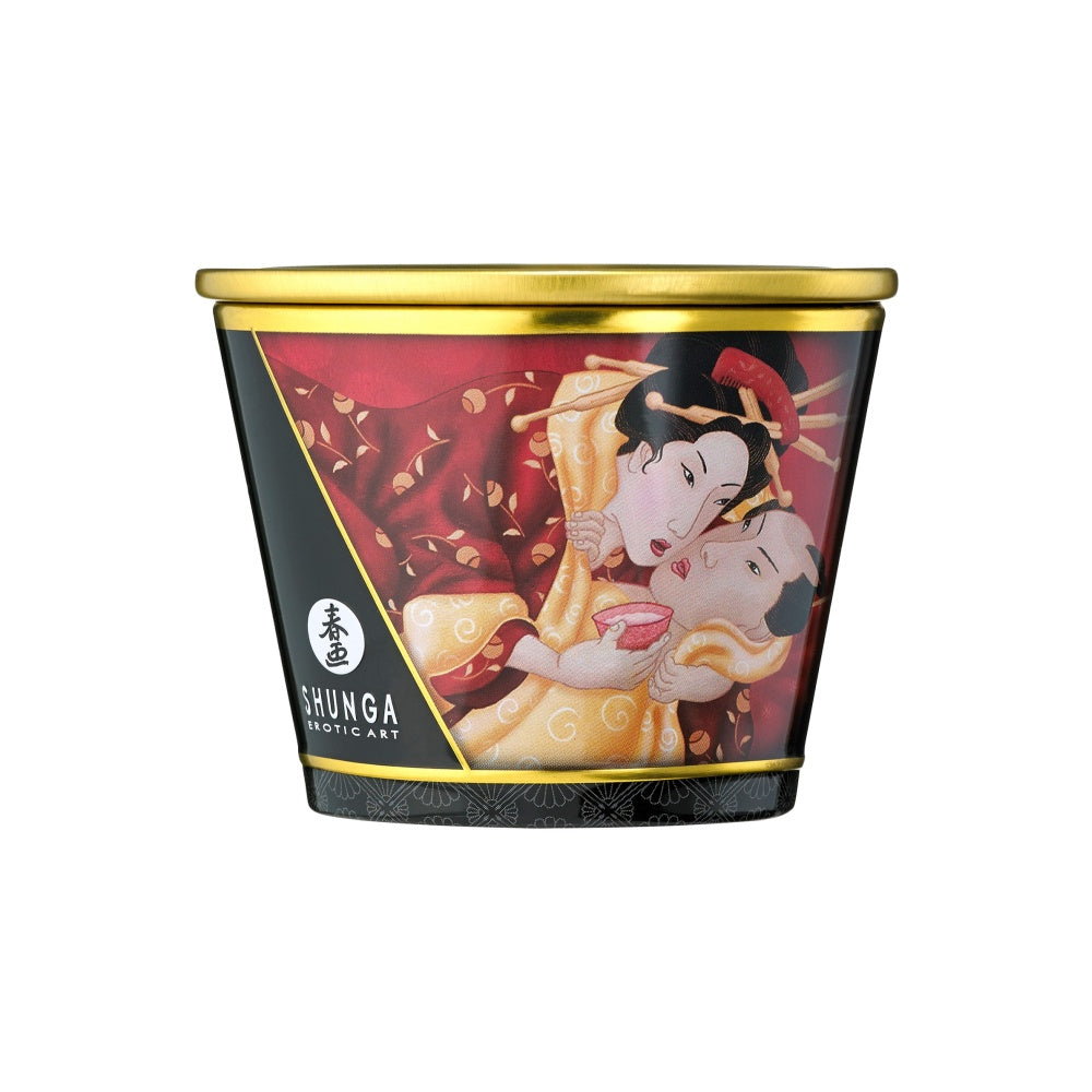 Lumanare de Masaj Shunga 170 ml - aroma afrodisiaca de capsuni si vin spumant - ceara topita se transforma in ulei cald de masaj - timp de ardere de pana la 40 de ore