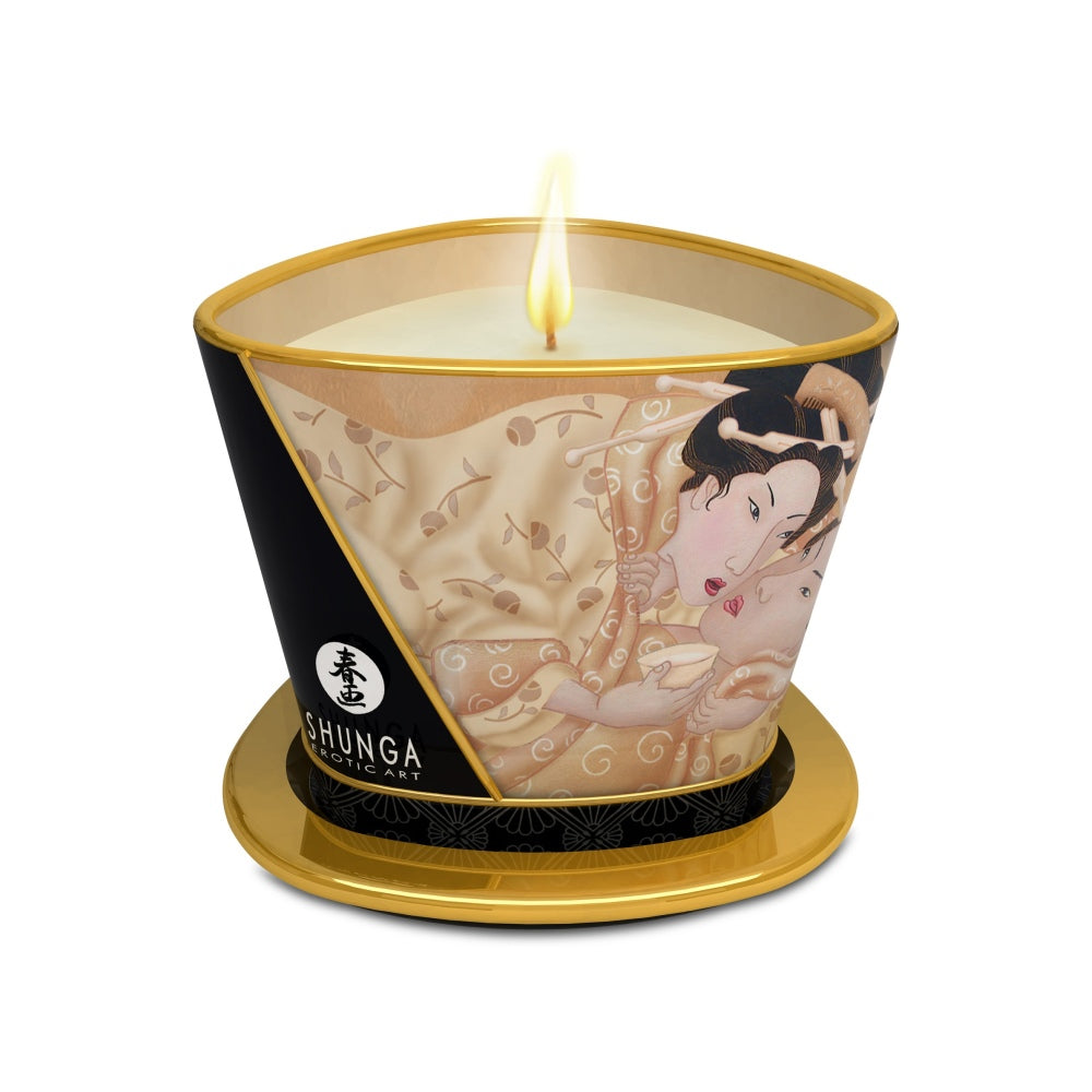 Lumanare de Masaj Shunga 170 ml - aroma afrodisiaca de vanilie - ceara topita se transforma in ulei cald de masaj - timp de ardere de pana la 40 de ore