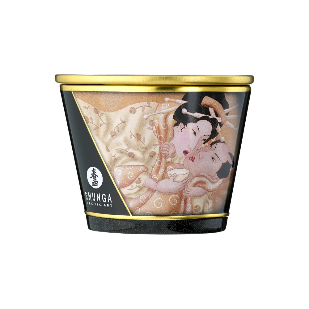 Lumanare de Masaj Shunga 170 ml - aroma afrodisiaca de vanilie - ceara topita se transforma in ulei cald de masaj - timp de ardere de pana la 40 de ore