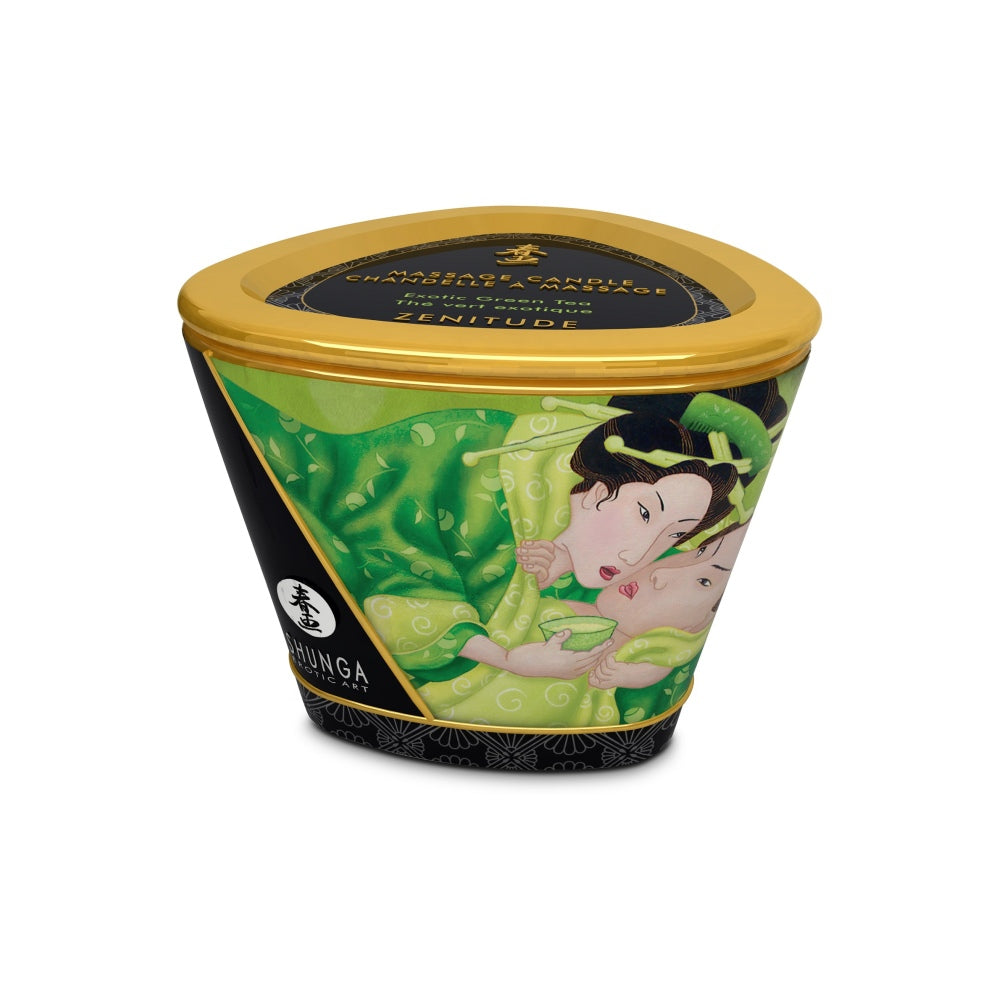 Lumanare de Masaj Shunga 170 ml - aroma afrodisiaca de ceai verde - ceara topita se transforma in ulei cald de masaj - timp de ardere de pana la 40 de ore