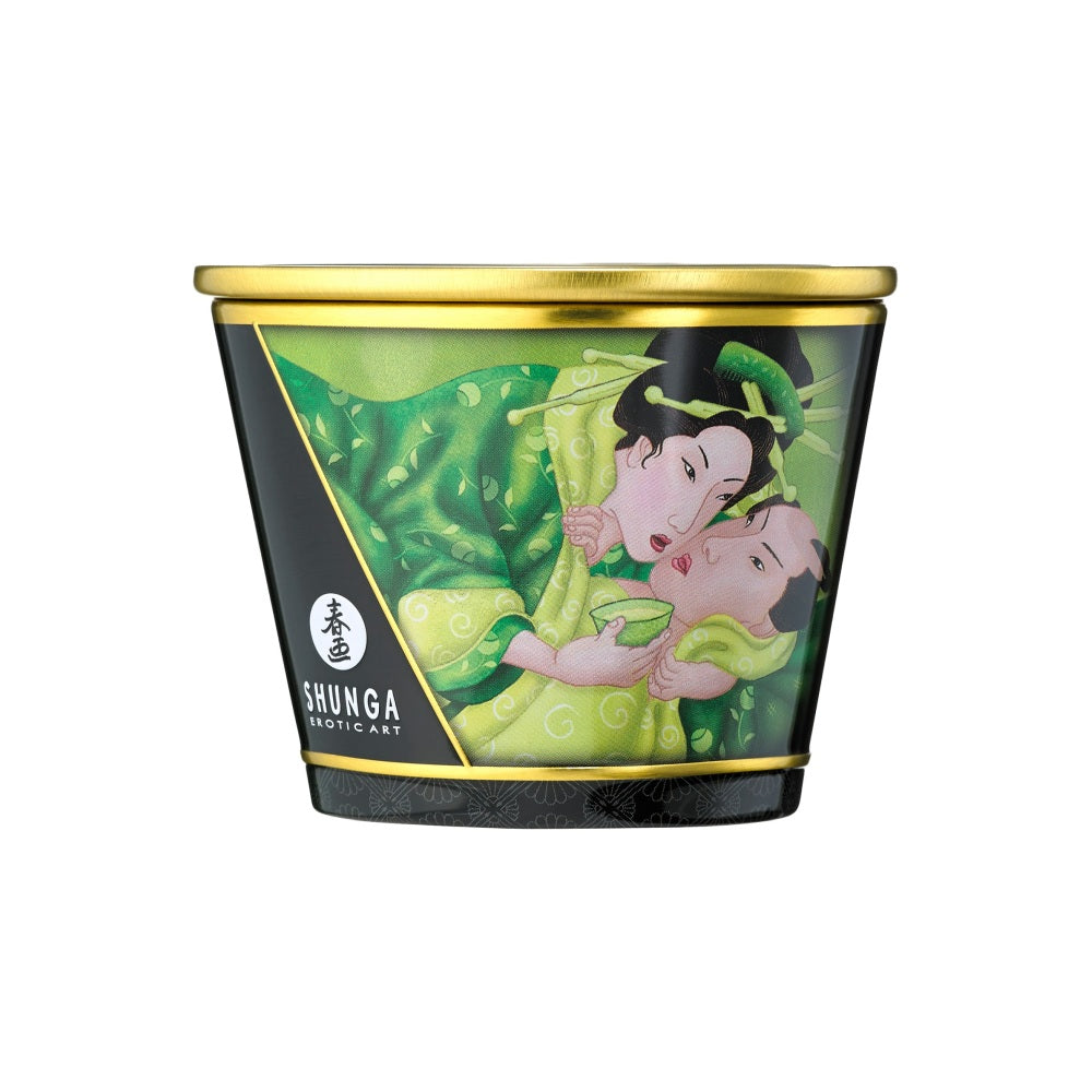 Lumanare de Masaj Shunga 170 ml - aroma afrodisiaca de ceai verde - ceara topita se transforma in ulei cald de masaj - timp de ardere de pana la 40 de ore