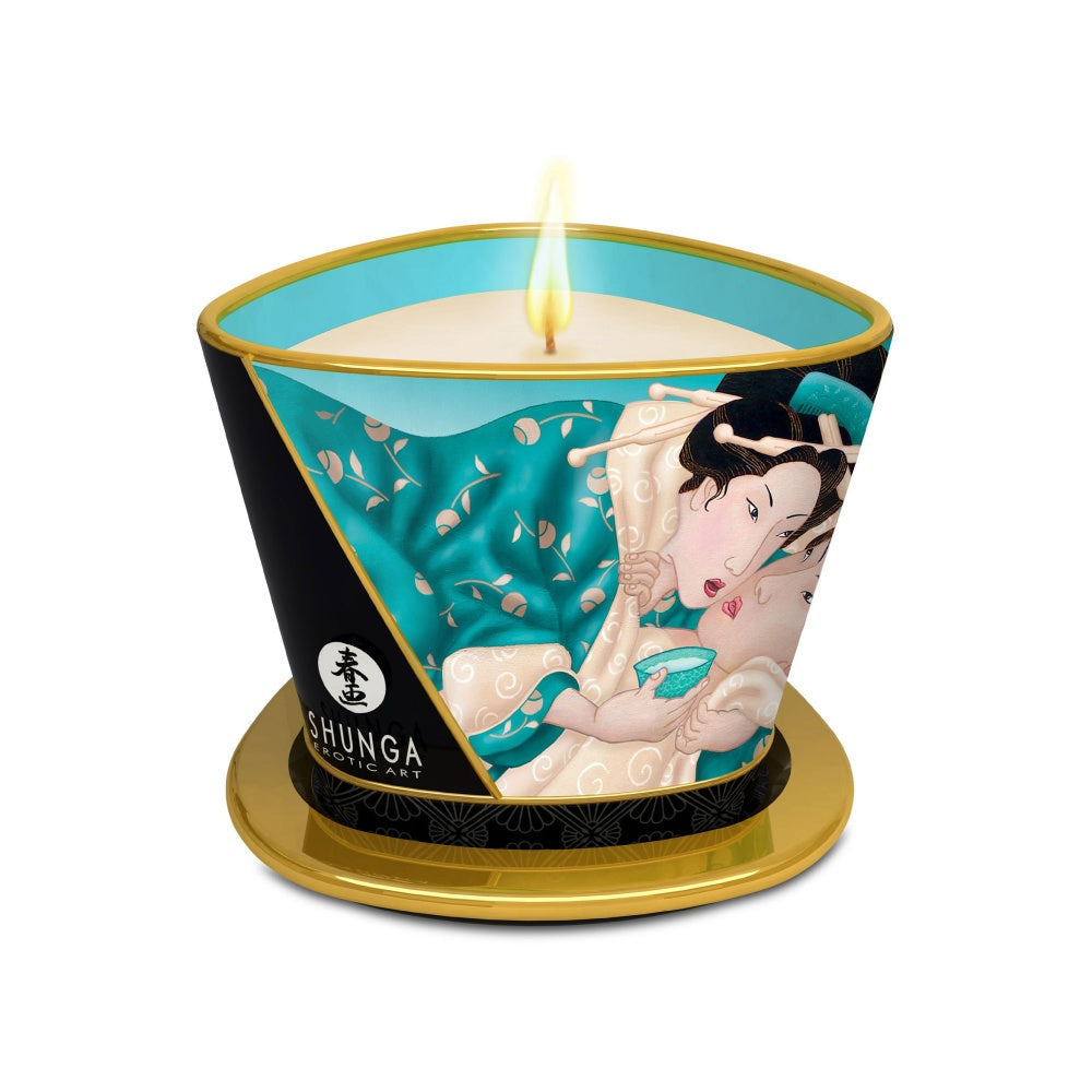 Lumanare de Masaj Shunga 170 ml - aroma afrodisiaca de flori exotice - ceara topita se transforma in ulei cald de masaj - timp de ardere de pana la 40 de ore