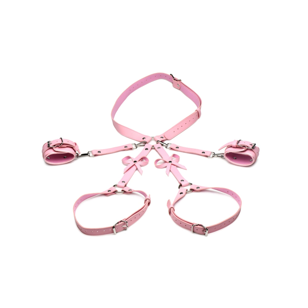Curele de Prindere Bondage cu fundite - XL/2XL, Roz - piele vegana, cu catarame reglabile - metal fara nichel, sigur pentru piele
