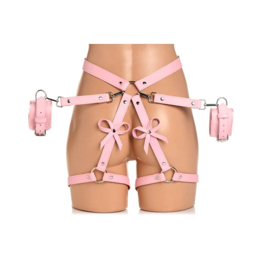 Curele de Prindere Bondage cu fundite - M/L, Roz - piele vegana, cu catarame reglabile - metal fara nichel, sigur pentru piele