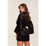 Halat de satin negru elegant cu maneci largi si cordon - Lenjerie sexy pentru femei, Marime universala