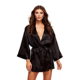 Halat de satin negru elegant cu maneci largi si cordon - Lenjerie sexy pentru femei, Marime universala