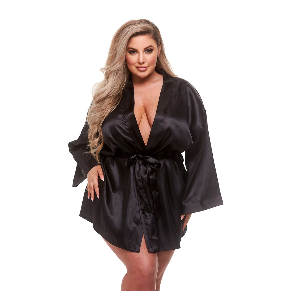 Halat de satin negru elegant cu maneci largi si cordon - Lenjerie sexy pentru femei, XL