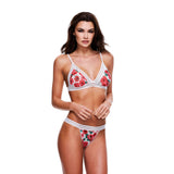 Set Lenjerie Sexy 2 Piese – Sutien cu Flori Rosii si Dantela Alba, Chilot Decupat la Spate, Lenjerie Confortabila si Eleganta