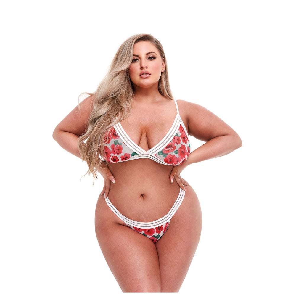 Set Lenjerie Sexy 2 Piese – Sutien cu Flori Rosii si Dantela Alba, Chilot Decupat la Spate, Lenjerie Confortabila si Eleganta, XL