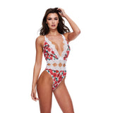 Body Teddy Dantela Alba si Flori Rosii - Lenjerie Sexy cu Decolteu Adanc, Bretele Reglabile si Design Decupat la Talie
