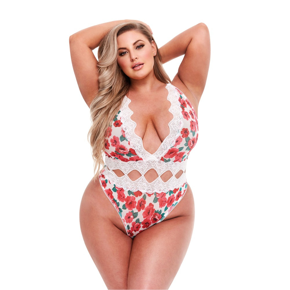 Body Teddy Dantela Alba si Flori Rosii - Lenjerie Sexy cu Decolteu Adanc, Bretele Reglabile si Design Decupat la Talie