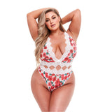 Body Teddy Dantela Alba si Flori Rosii - Lenjerie Sexy cu Decolteu Adanc, Bretele Reglabile si Design Decupat la Talie